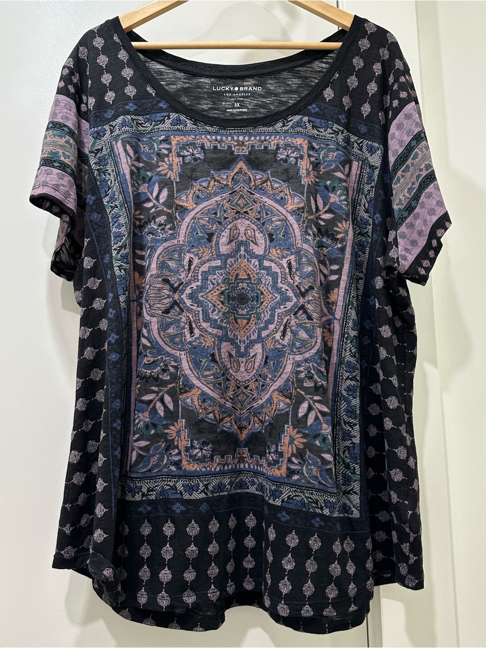 Lucky Brand Boho Tapestry Print Top 3X Black Purple Teal